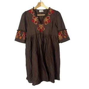 Boutique Nana Brown Embroidered Short Sleeve Babydoll Mini Dress S